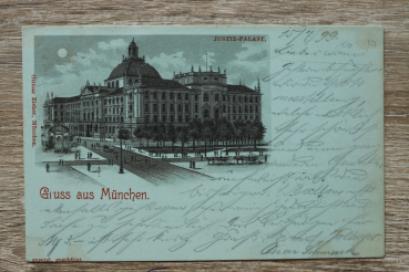 AK Gruss aus München / 1899 / Mondschein Litho / Justiz Palast / Straße Gebäude Architektur